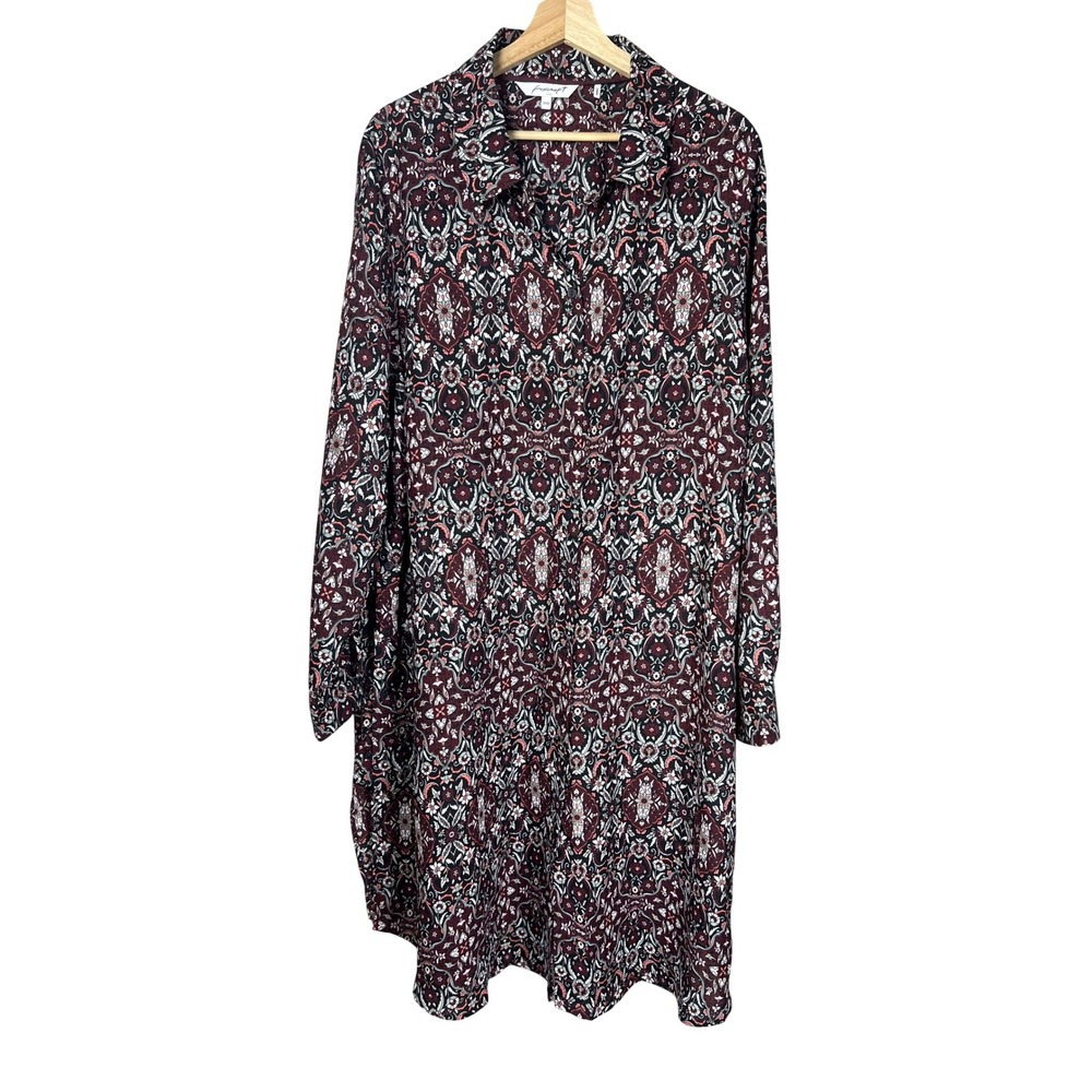 Foxcroft NYC Burgundy Paisley Floral Shirt Dress Plus Size 20W Long Sleeve Artsy